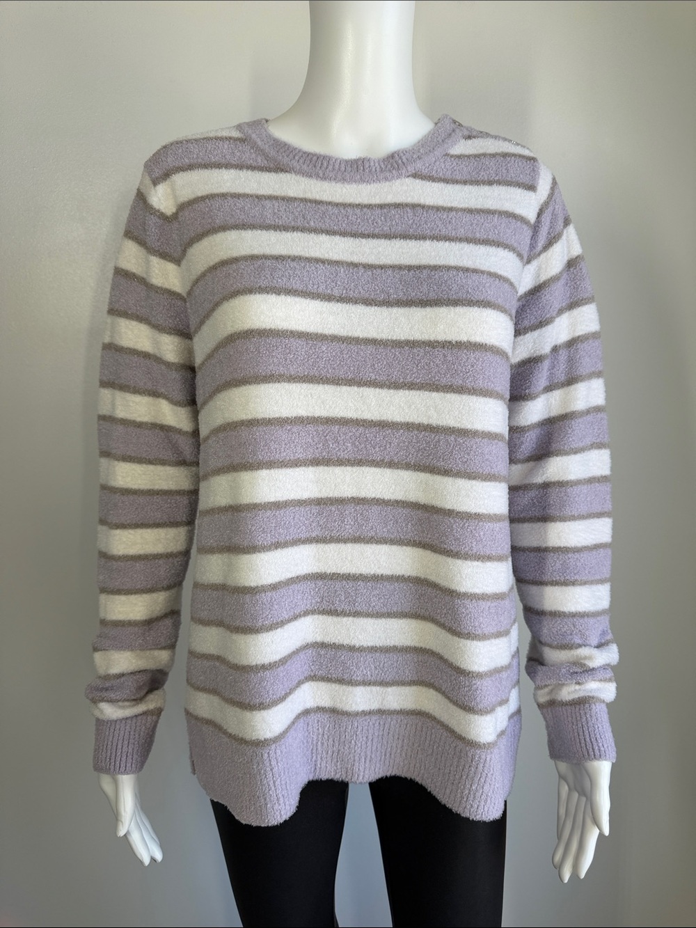 Barefoot Dreams CozyChic Lite Striped Sweater L Lavender Ivory